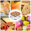 A collection of baked goods including bread, muffins, crackers, and macarons.