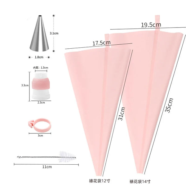 A set of 12 pink cake decorating piping tips with bags and scrapers shown alongside the individual components.