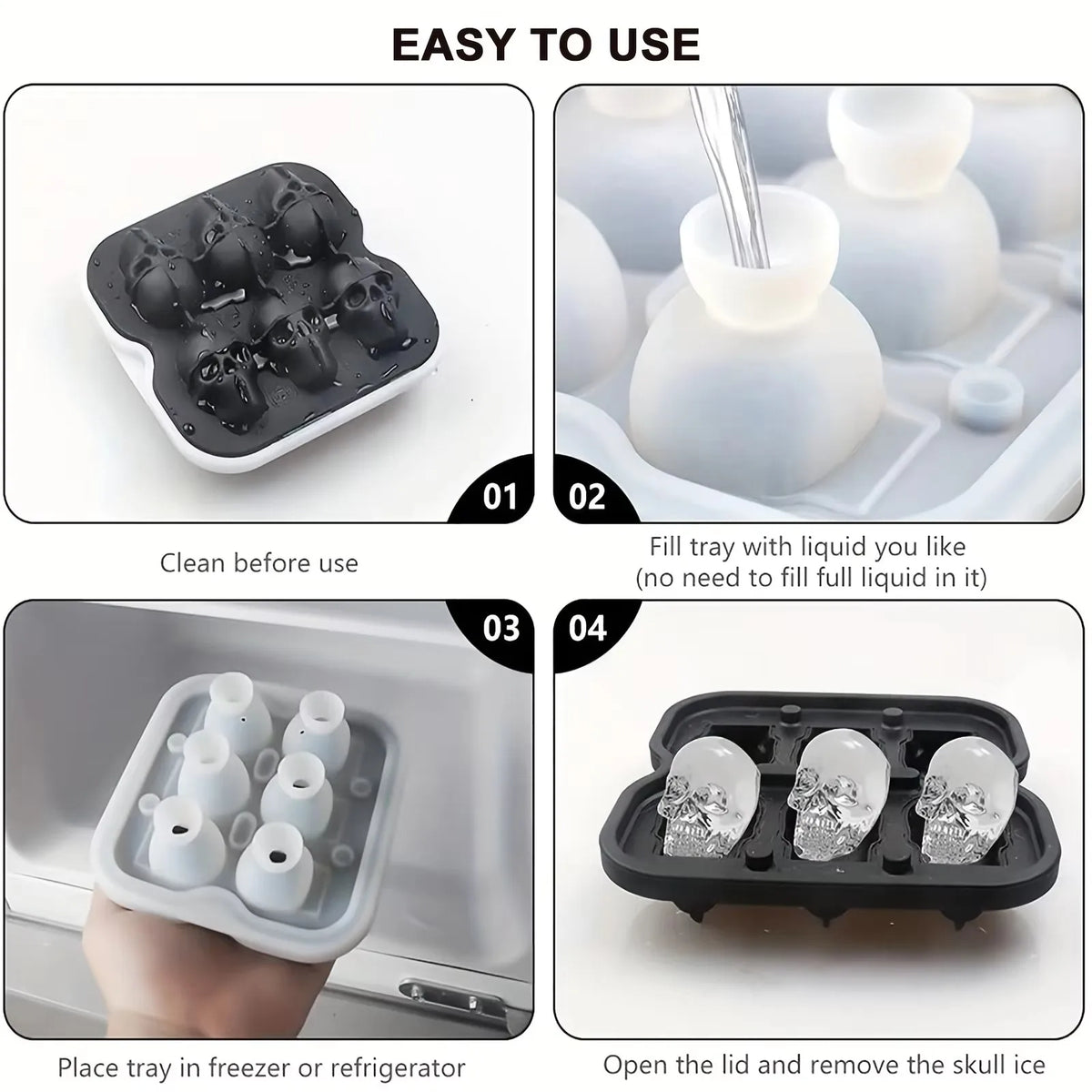 A set of silicone skull ice cube molds shown in various stages, including the mold, filled trays, and opened lids.