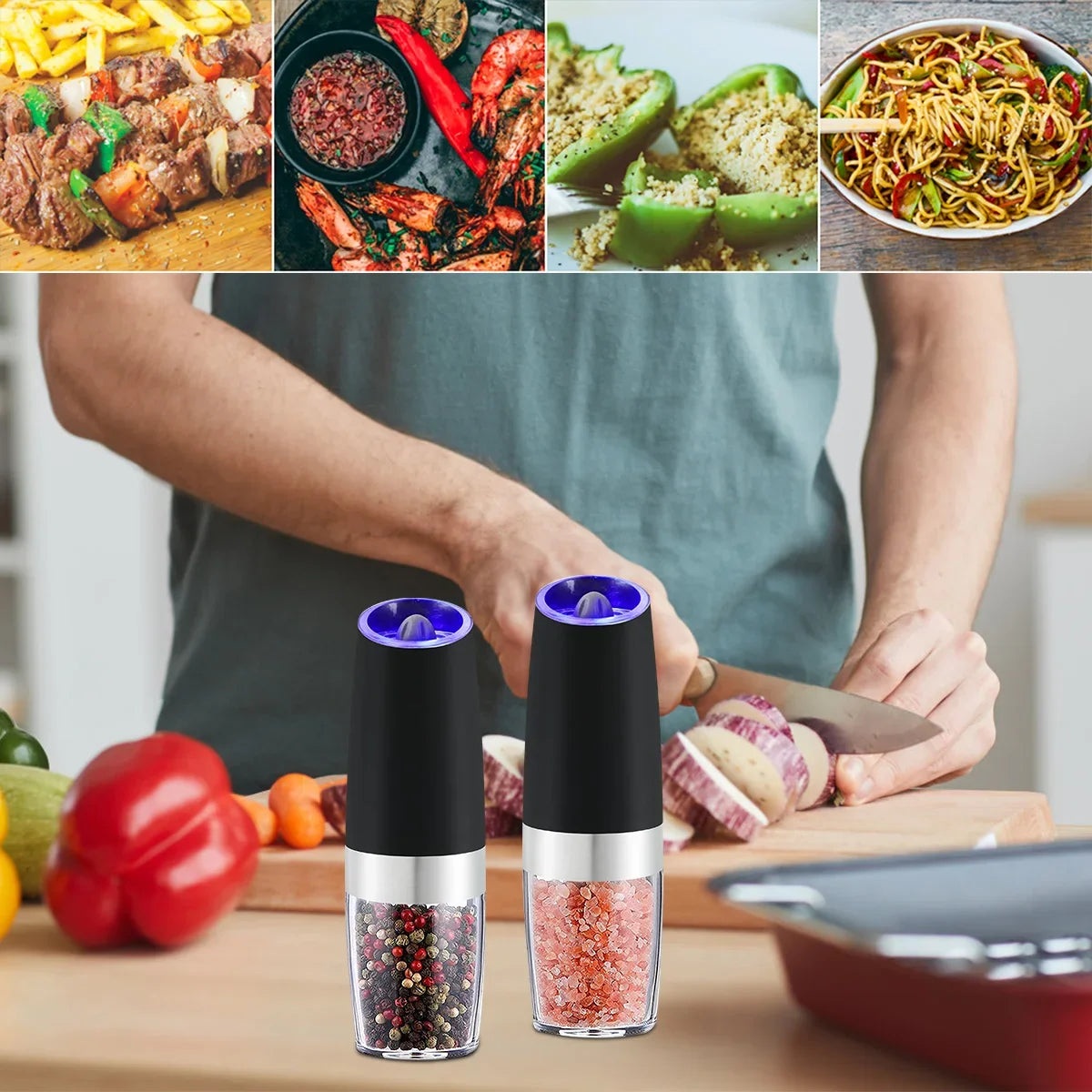 A pair of electric automatic spice and salt grinders are shown next to a cutting board with meat and vegetables.