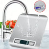 A modern stainless steel faucet with a digital water dispenser and a close-up of the dispenser mechanism.