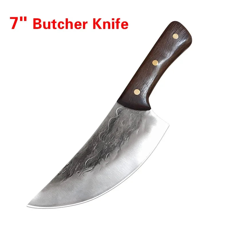 A 7 inch butcher knife with a dark wood handle and a polished stainless steel blade.