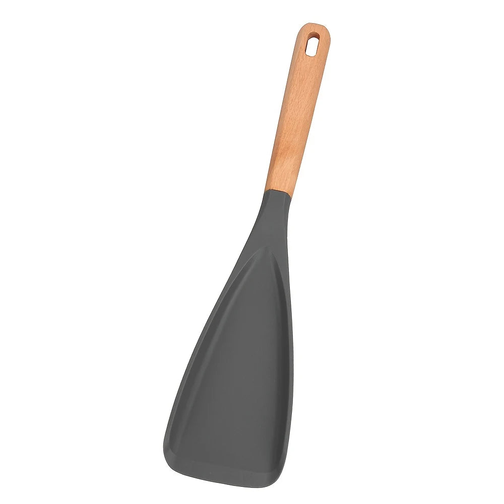 A silicone cooking spoon and spatula with a wooden handle, shown from the side.