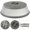 A gray collapsible microwave splash guard lid shown with close-ups of its design and layers.