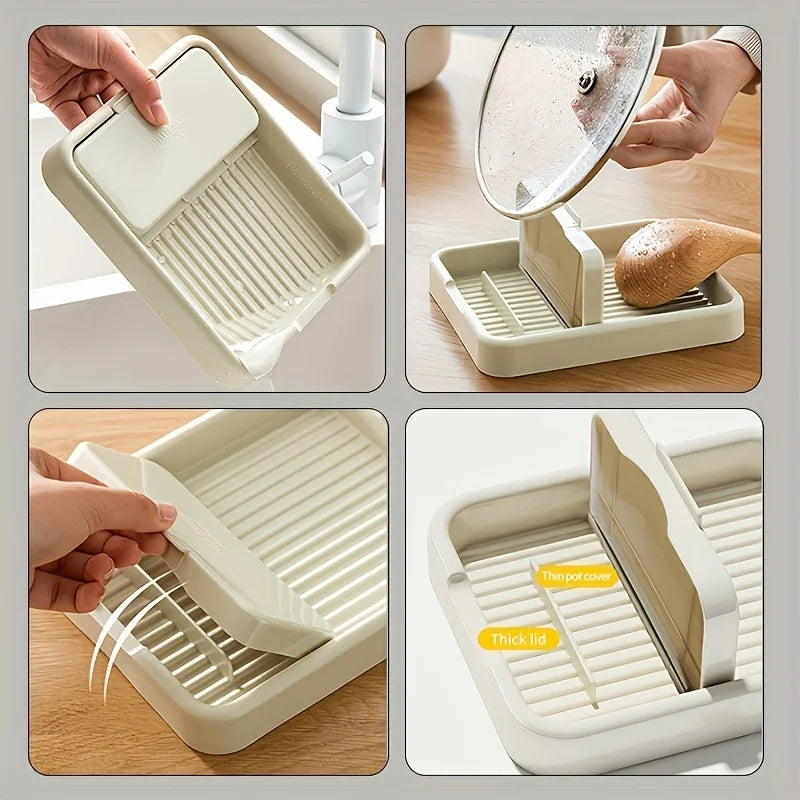 Organizador de tapones para ollas y utensilios de cocina en varios usos.