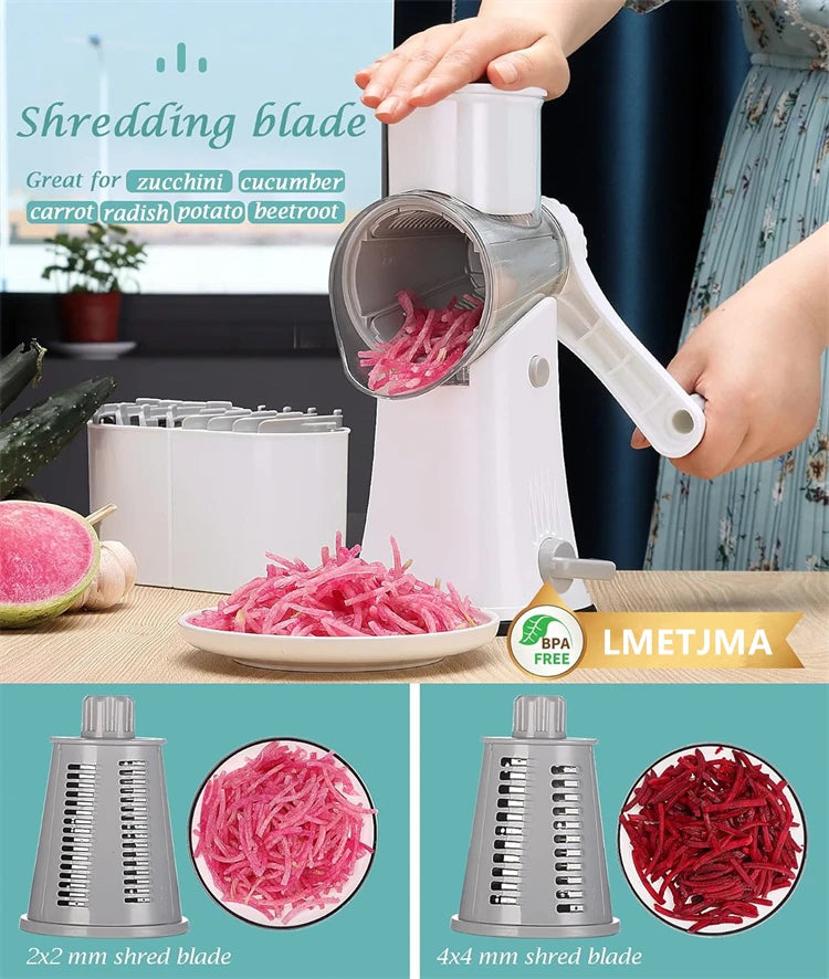 A white electric shredding blade is shown next to shredded beets and carrots, with various sized shred blades displayed.