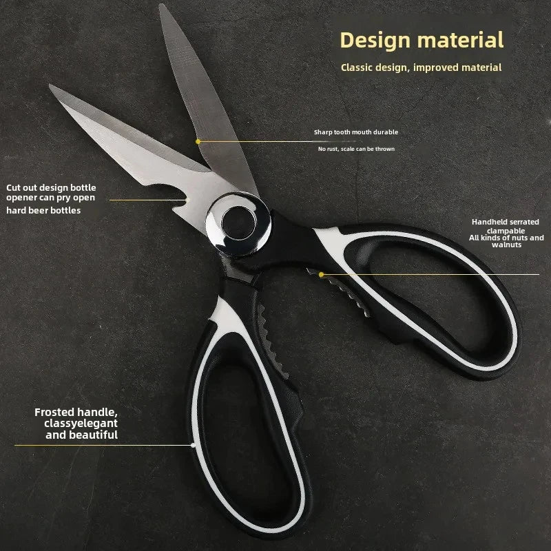 A pair of professional stainless steel kitchen cutting scissors with a frosted handle shown against a dark background.