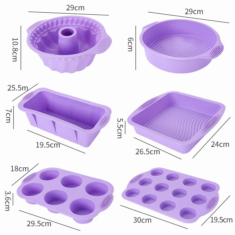 A set of purple silicone baking molds and cups for cakes and desserts, shown in various sizes.