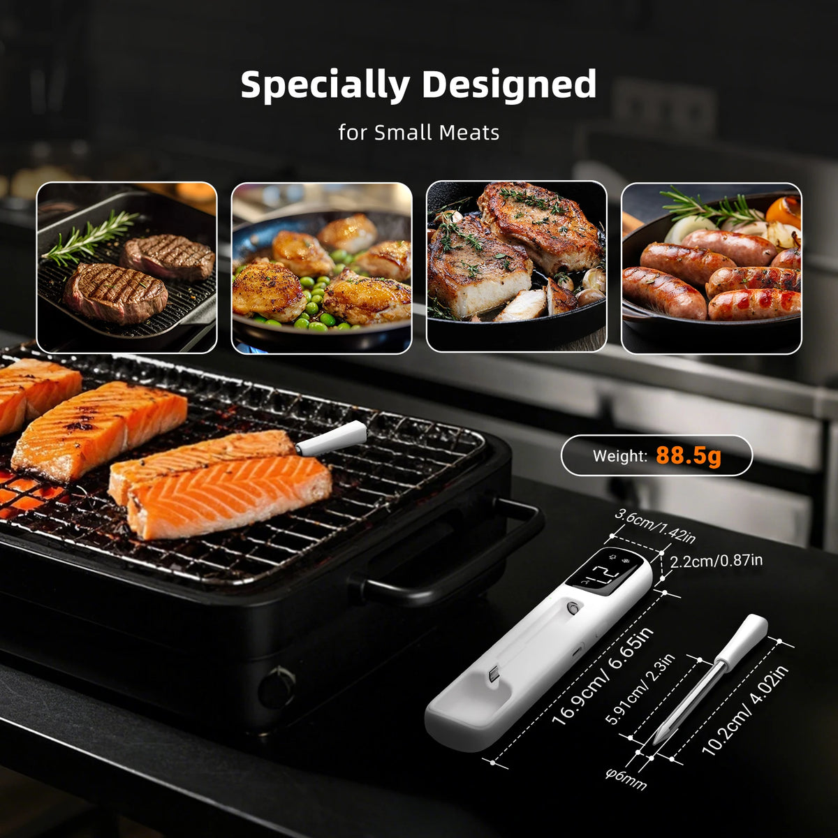 A black mini Bluetooth meat thermometer is shown next to various cuts of meat on a grill.