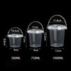 Three clear plastic storage buckets for milk tea, labeled 500ML, 750ML, and 1000ML, showing their dimensions.