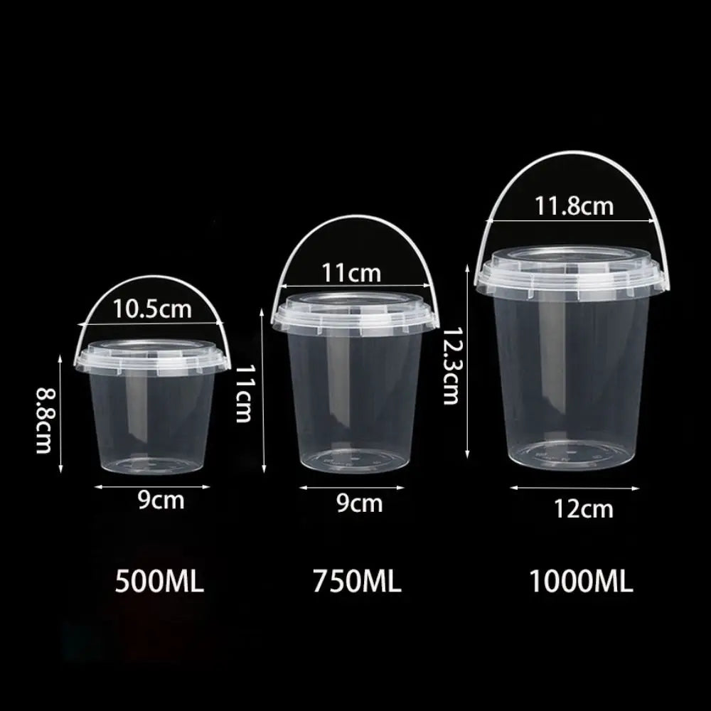 Three clear plastic storage buckets for milk tea, labeled 500ML, 750ML, and 1000ML, showing their dimensions.