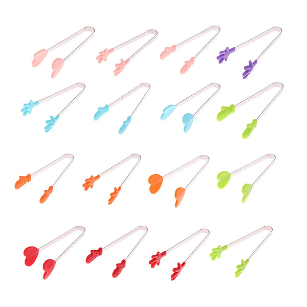 A set of silicone food tongs in various colors used for BBQ and desserts.