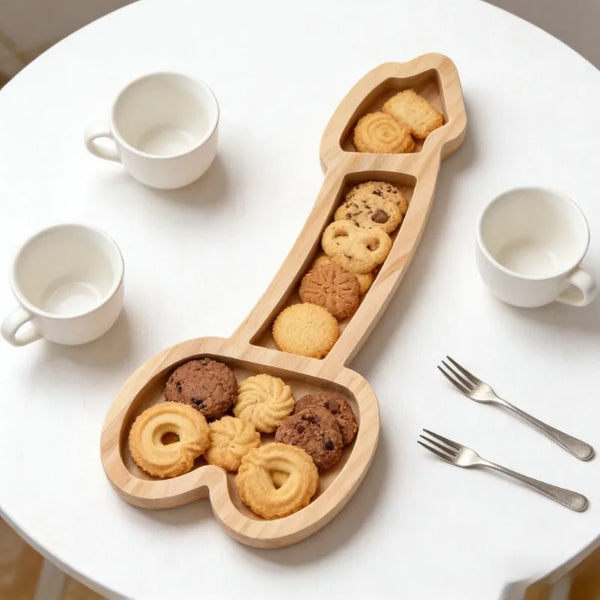 Holztablett für Obst, mit Keksen und zwei weißen Tassen auf weißem Tisch.