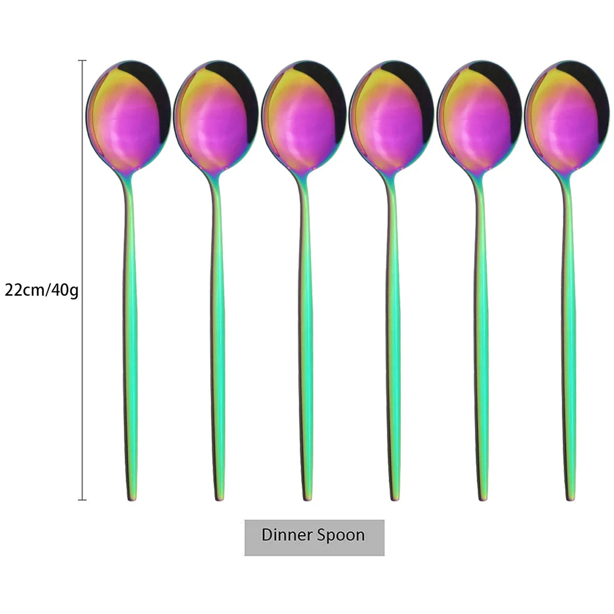 A set of six dinner spoons with iridescent purple and green colored bowls and stainless steel handles.