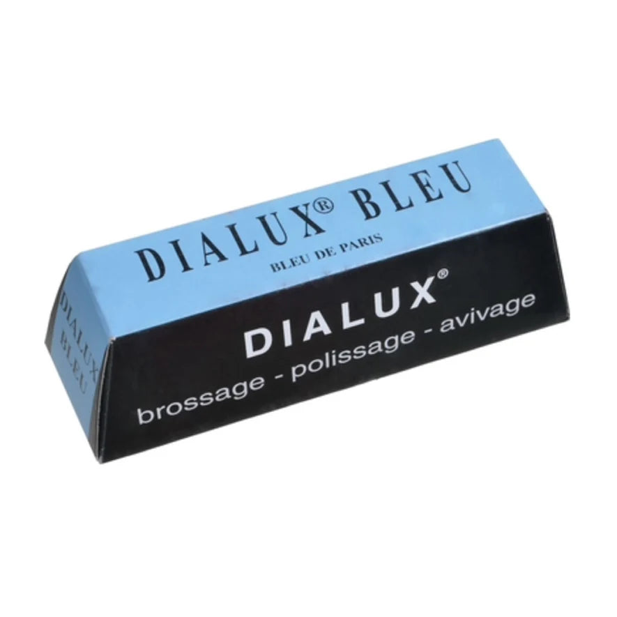 A rectangular blue box for Dialux Bleu jewelry polishing compound.