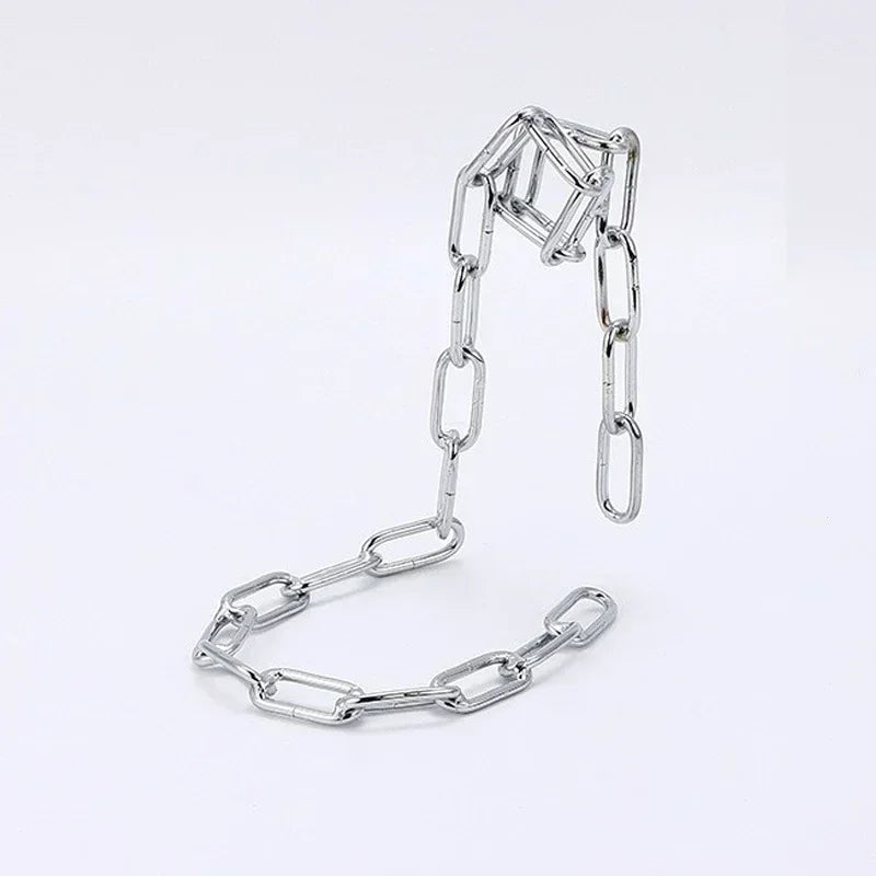Silver metal suspension wine rack with a geometric design and chain links