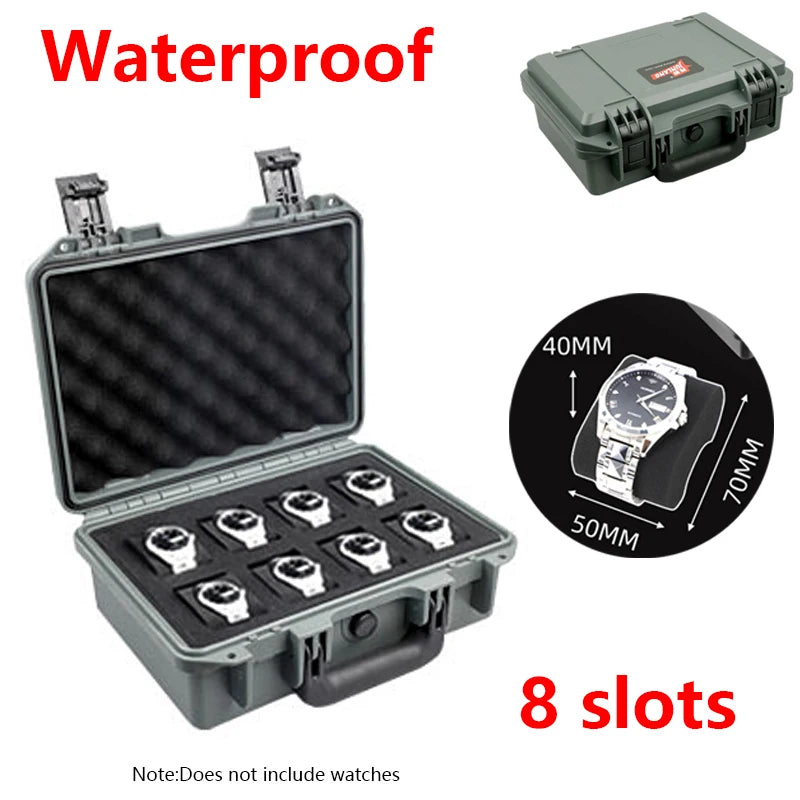 A waterproof plastic watch storage case with an open lid and eight slots shown next to a closed unit.