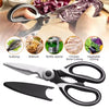 A set of heavy duty stainless steel kitchen scissors and a knife are shown with various food items for demonstration.