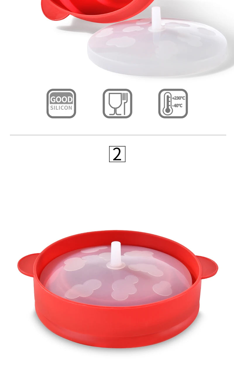 A red silicone microwave popcorn bowl set with a clear lid and a white stick.