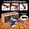 A cordless and rechargeable electric BBQ cleaning brush with various charging options shown on a wooden surface.