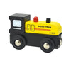 A yellow and black wooden train car set with a red dome and three wheels.