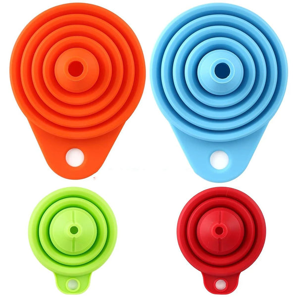 Drei Silikon-Trichter in Orange, Blau und Grün, die verschiedene Größen und Farben zeigen.