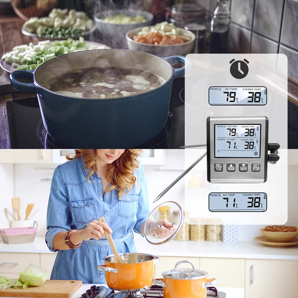 A woman uses a digital meat and oven thermometer with a stainless steel probe to measure food temperature.