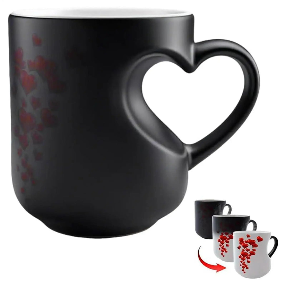 A black ceramic mug with a heart-shaped handle decorated with red, color-changing patterns.