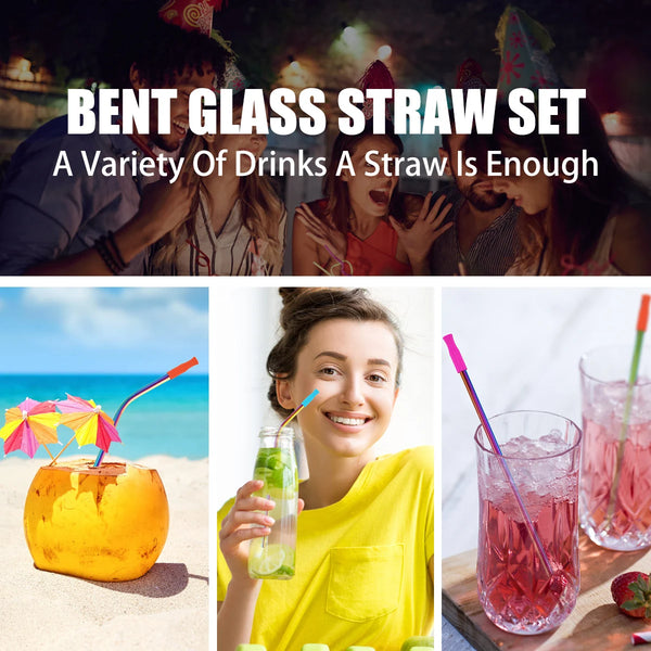 A variety of drinks shown with a bent glass straw set featuring colorful beverages and citrus fruits.