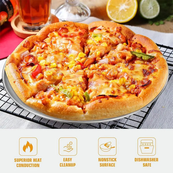 Round non-stick pizza baking pan with a golden-brown pizza, featuring superior heat conduction and dishwasher safe design.