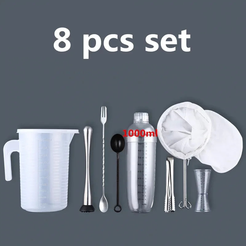 An 8 piece set of plastic cocktail shaker tools including a jug, strainer, muddler, and various tools.