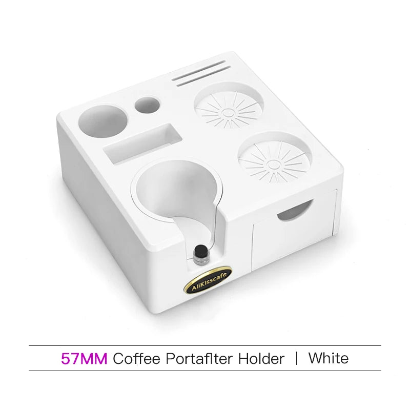White coffee portafilter holder with multiple cups and a tamping station for espresso