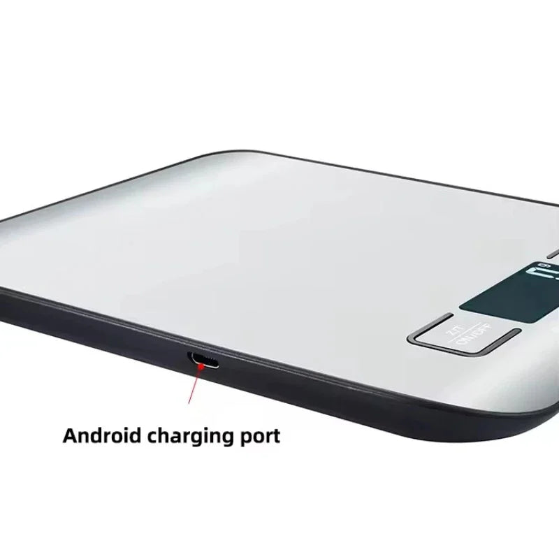 A white digital kitchen scale showing the Android charging port on the side.