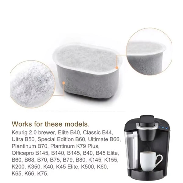 A reusable charcoal water filter is shown next to a Keurig coffee maker, demonstrating its use for various models.