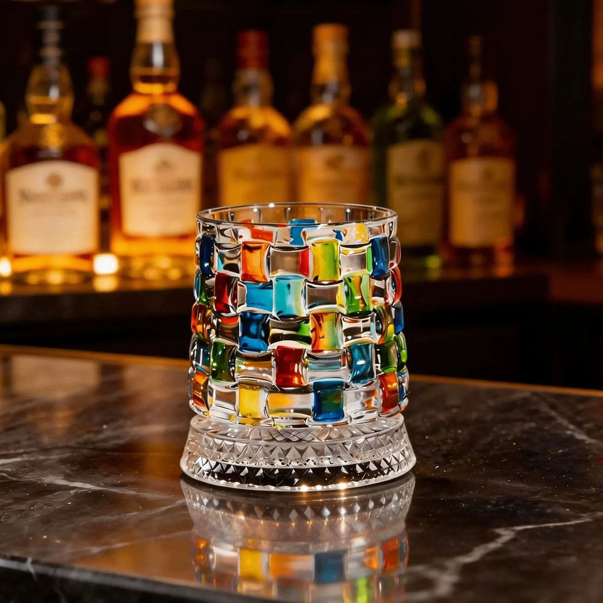 A clear glass of rotating whiskey glasses with colorful, faceted stones resting on a dark marble surface.