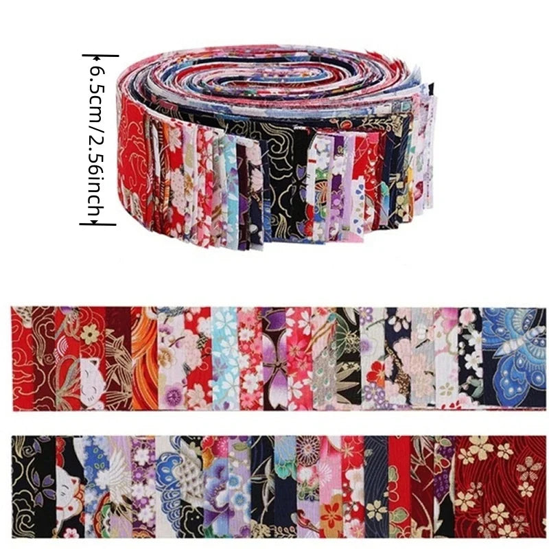 Roll of colorful patchwork cotton fabric strips for sewing and crafting in various patterns