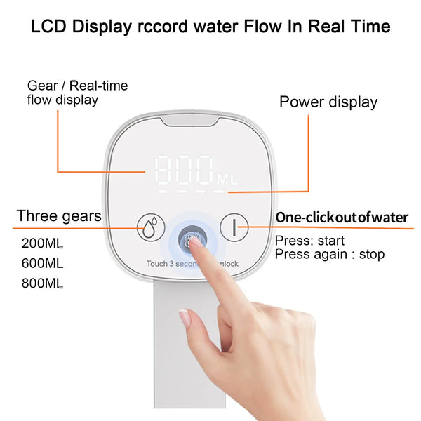 A hand interacts with an LCD display on a water dispenser showing flow rate and volume measurements.