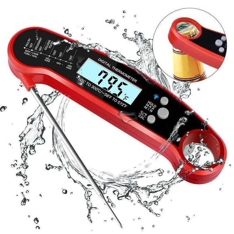 A red digital meat thermometer is shown with water splashing around it, highlighting its temperature measuring function.