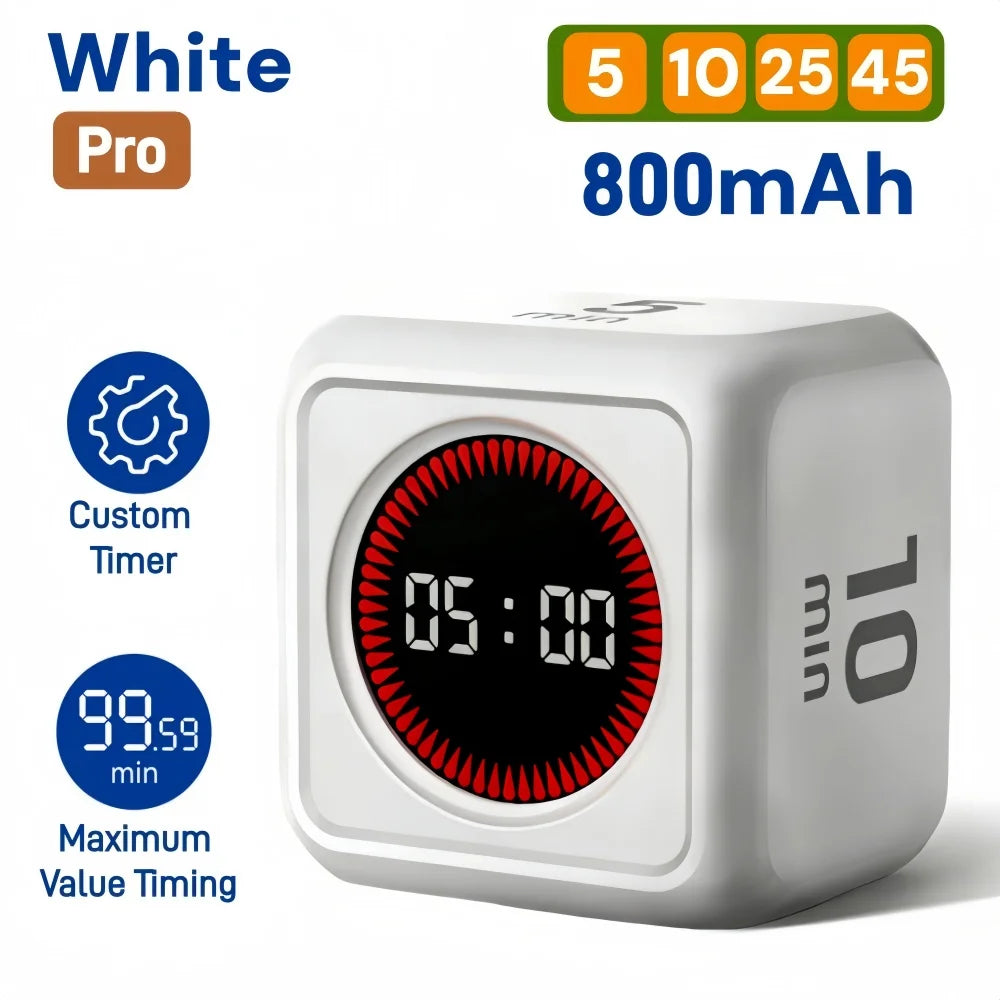 White Pro digital timer with a 10-minute countdown display and 800mAh battery.