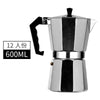 Silver Italian aluminum moka pot coffee maker with a black handle and lid