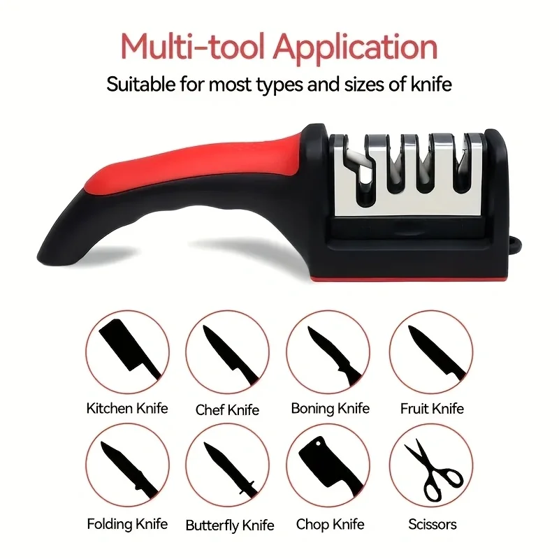 Black and red multi-tool knife sharpener with various blade attachments for different knives