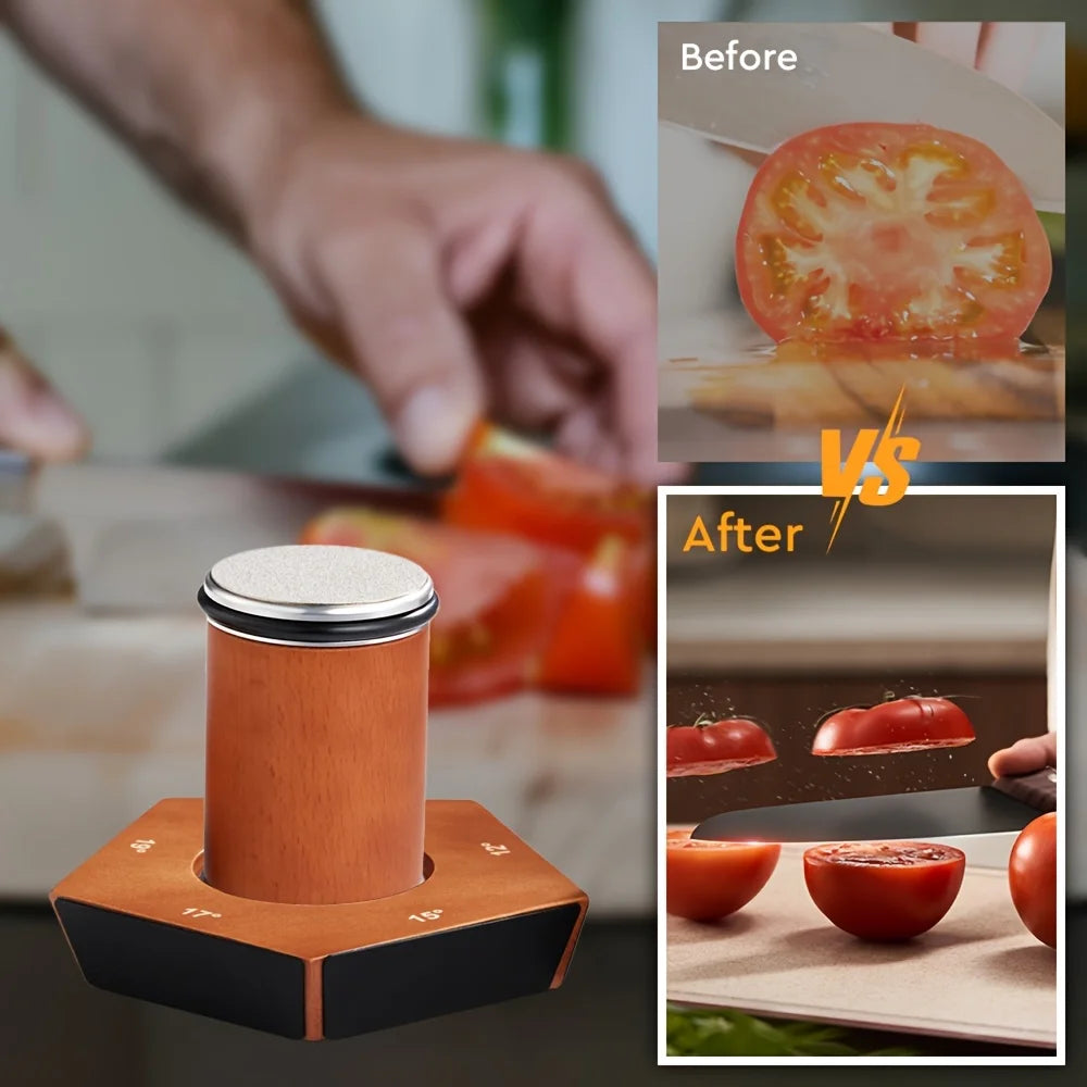 A wooden multi-angle rolling knife sharpener is shown next to a tomato slice before and after sharpening.