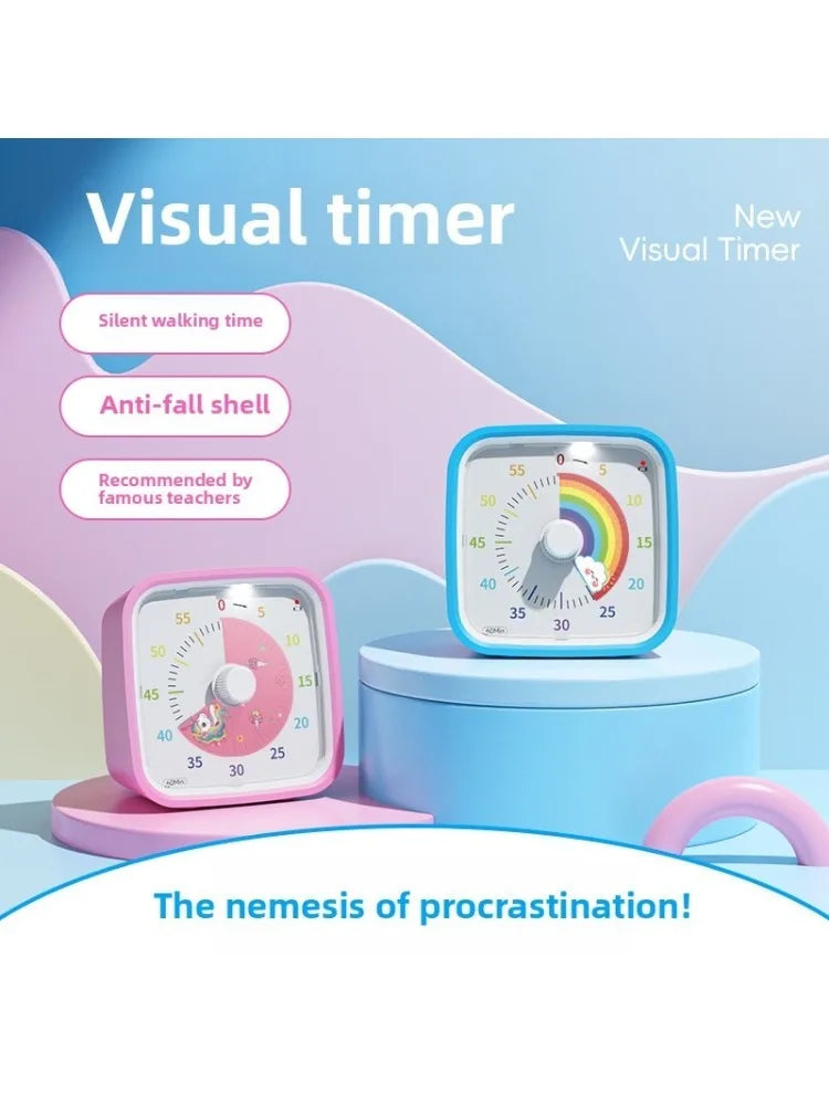 A pink visual timer device with a dial is shown next to a blue base, illustrating a tool for study and focus.