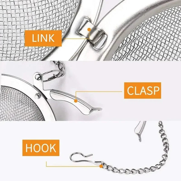 Close-up view of a stainless steel mesh tea infuser showing various components like a link, clasp, and hook.