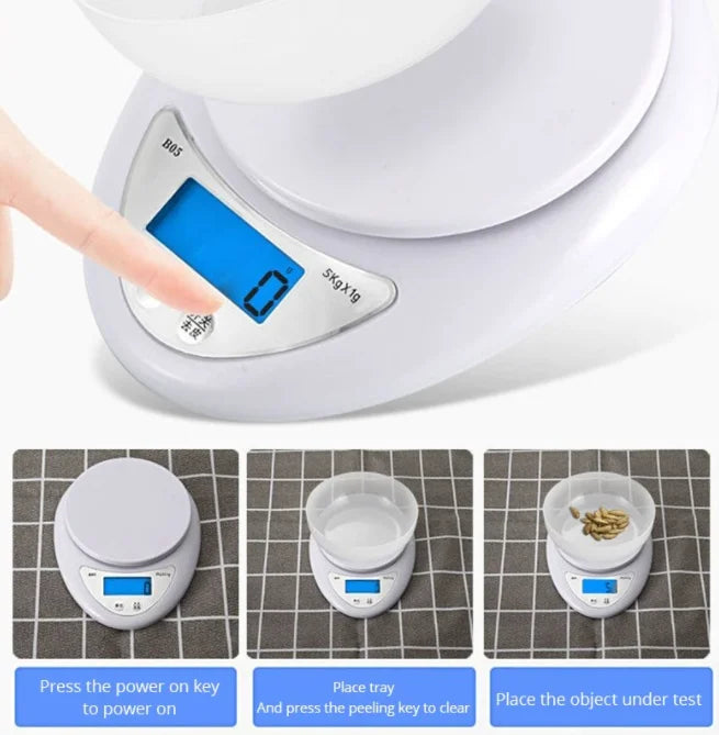 A digital kitchen scale is shown with a weighing bowl and instructions for use.