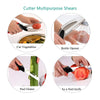 A set of cutter multipurpose shears shown in various uses including cutting vegetables, opening bottles, peeling, and as a fr