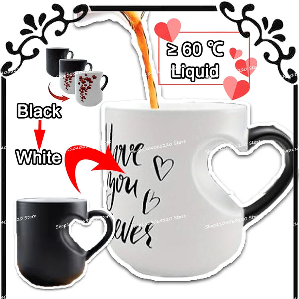 Weiße Tasse mit schwarzem Text und Strohhalm, die eine Farbveränderung von schwarz zu weißer Flüssigkeit demonstriert.