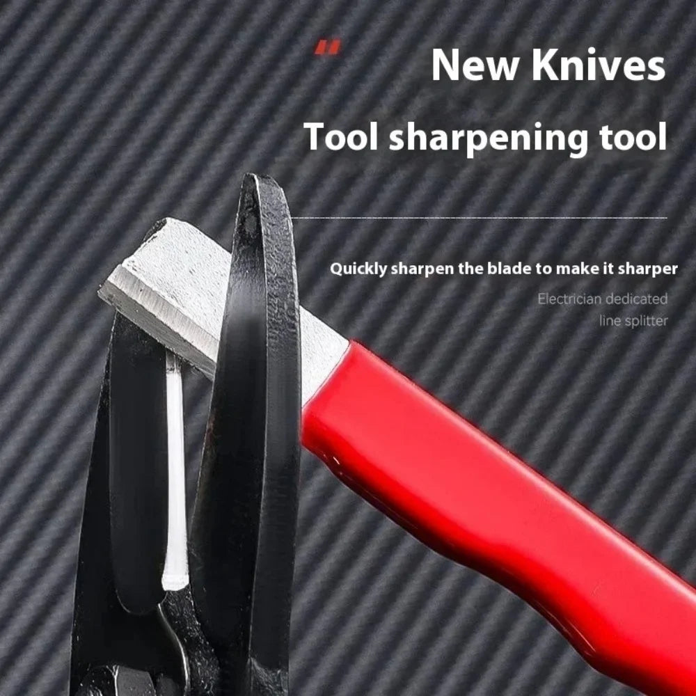 A red tool is shown sharpening a metal blade, demonstrating a new knife tool for sharpening.