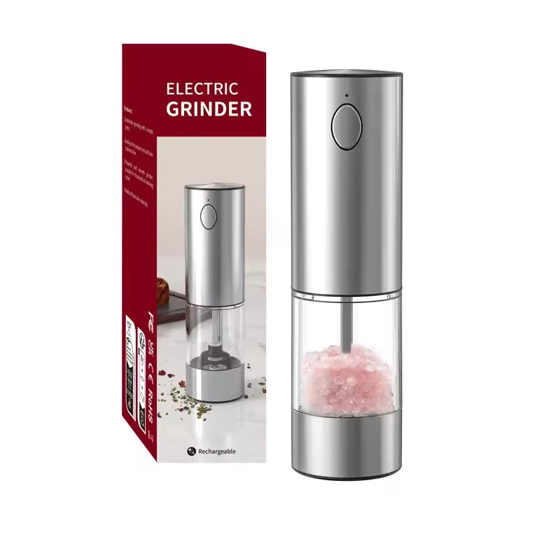 A silver automatic rechargeable salt and pepper grinder set with a clear chamber filled with pink salt.