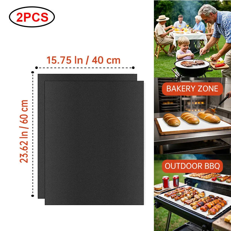 A black reusable silicone baking mat shown next to a grill and baked goods.